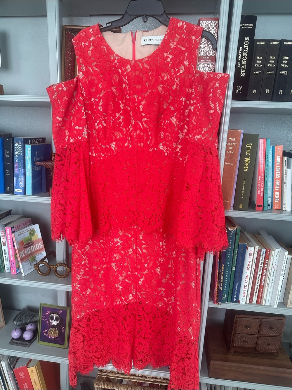 Fame and Partners Red Lace Cold-Shoulder Midi Dress